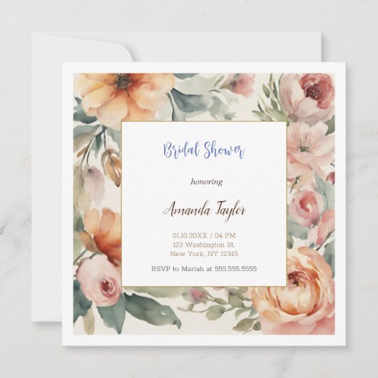 水彩花のミニマルなウェディングシャワーカード 招待状 (正面)