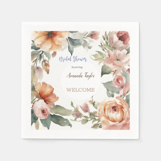 水彩花のミニマルなブライダルシャワー スタンダードカクテルナプキン (正面)