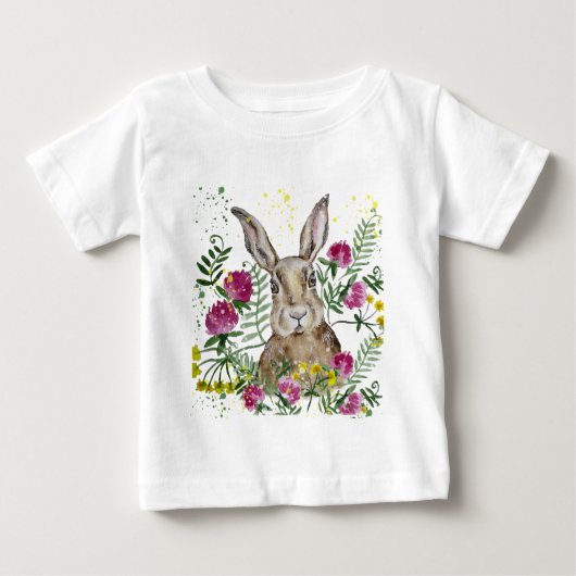 水彩花の可愛いバニー ベビーTシャツ (正面)