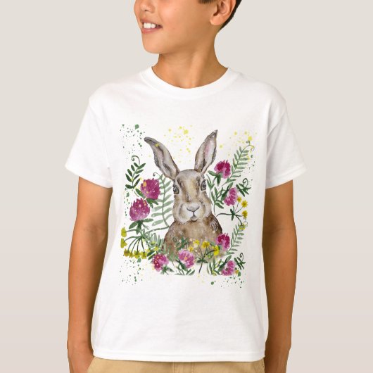 水彩花の可愛いバニー Tシャツ (正面)