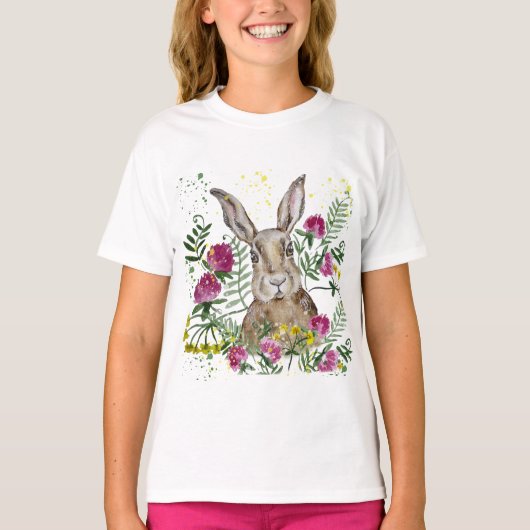 水彩花の可愛いバニー Tシャツ (正面)