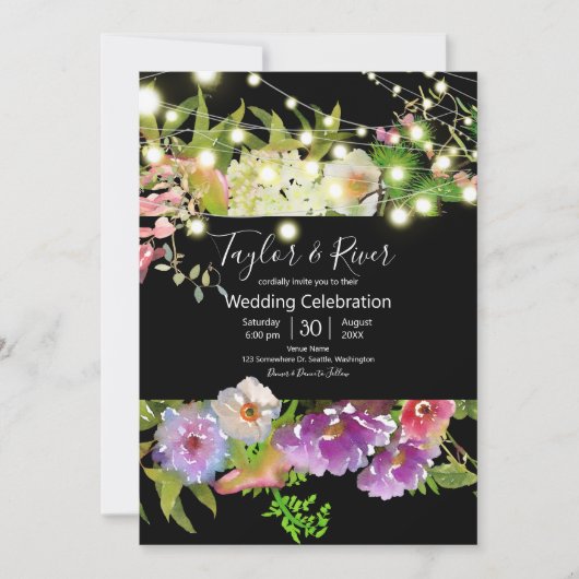水彩花の夏とストリングライト 招待状 (正面)