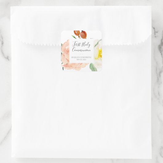 水彩花の少女の初聖体拝領 スクエアシール (バッグ)