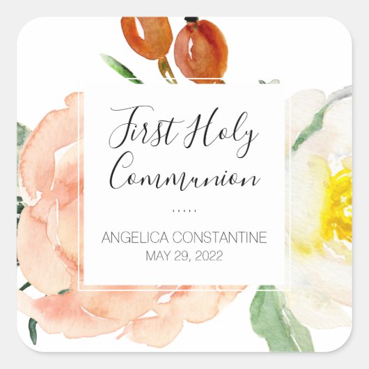 水彩花の少女の初聖体拝領 スクエアシール (正面)