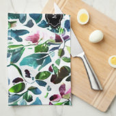 水彩花の植物模様モノグラムの キッチンタオル (四つ折り)
