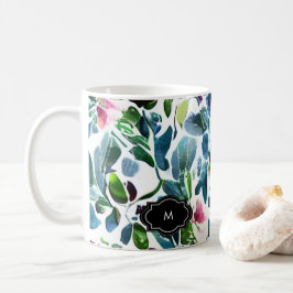 水彩花の植物模様モノグラムの コーヒーマグカップ