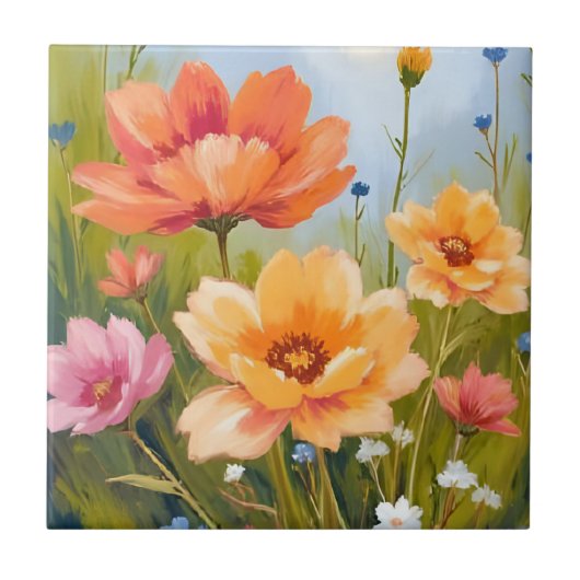 水彩花の植物画 野の花のフィールド タイル (正面)