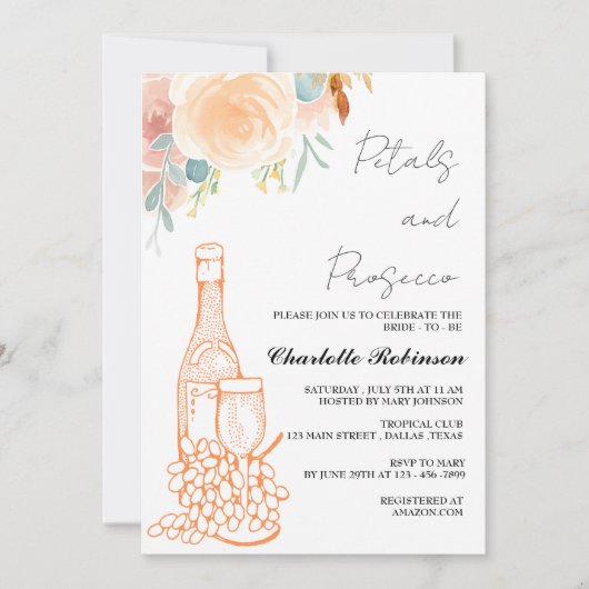 水彩花びらとプロセッコブライダルシャワー 招待状 (正面)