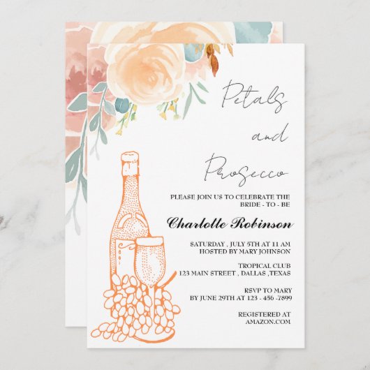 水彩花びらとプロセッコブライダルシャワー 招待状 (正面/裏面)