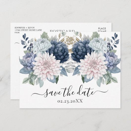 水彩花ほこりっぽい青デートを保存 ポストカード (正面/裏面)