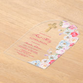 水彩花アーチ最初の聖餐式 アクリル招待状 (レイダウン)