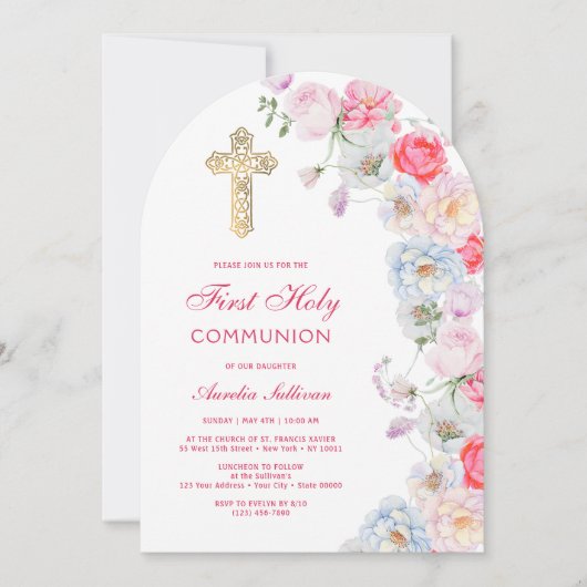 水彩花アーチ最初の聖餐式 招待状 (正面)