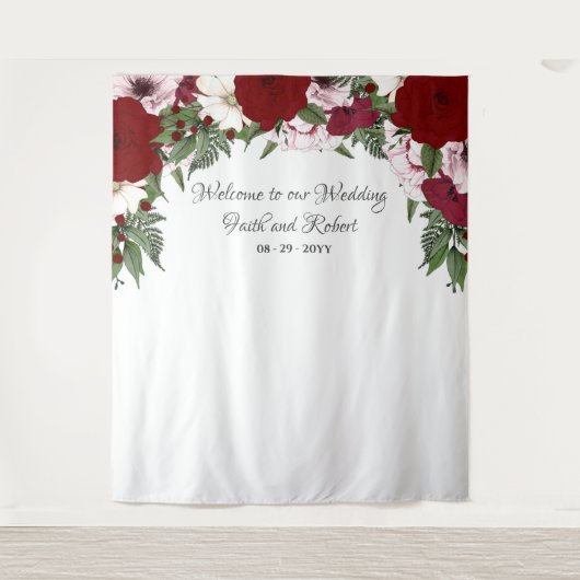 水彩花アーチ バーガンディ ブラッシュ グリーンナチュラル タペストリー (正面)