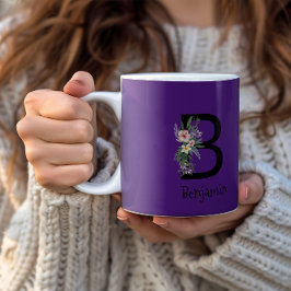 水彩花イニシャル紫コーヒーマグ コーヒーマグカップ