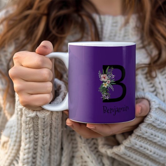 水彩花イニシャル紫コーヒーマグ コーヒーマグカップ