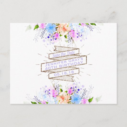 水彩花エレガントな誕生日パーティー 案内ポストカード (正面)