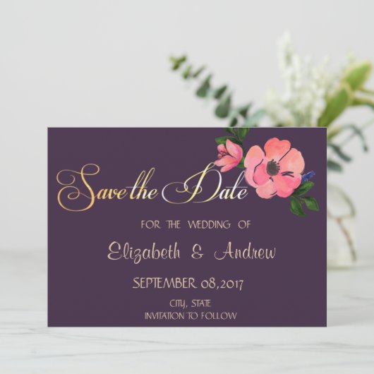 水彩花エレガントの結婚式の日付を保存 セーブザデート (スタンド正面)