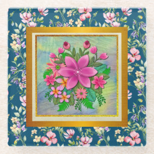 水彩花エレガント植物性春ブーケ ガラスコースター