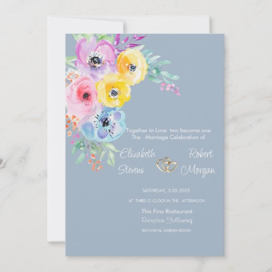 水彩花カラフルほこりっぽい青結婚色 招待状 (正面)