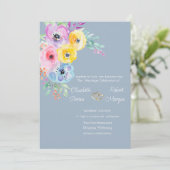 水彩花カラフルほこりっぽい青結婚色 招待状 (スタンド正面)