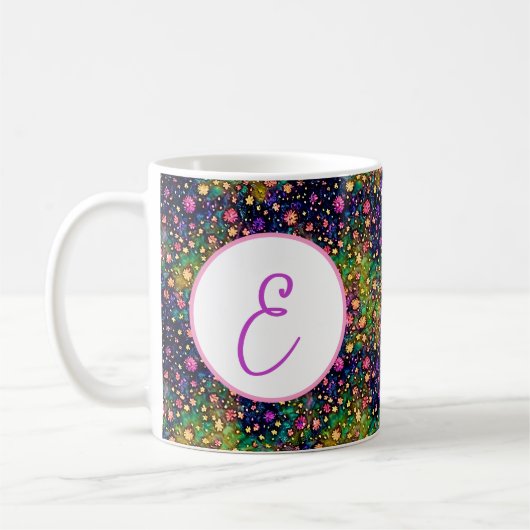 水彩花カラフル模様モノグラム コーヒーマグカップ (左)
