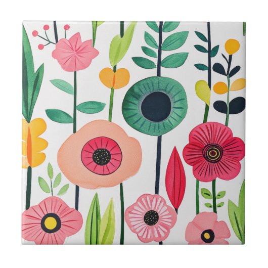 水彩花カラフル模様 タイル (正面)