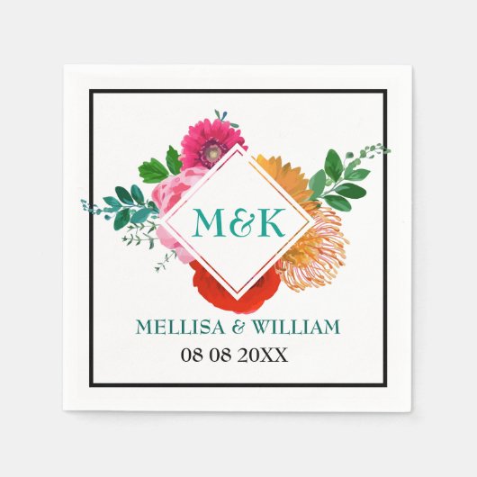 水彩花カラフル花トレンディー結婚デザイン スタンダードカクテルナプキン (正面)