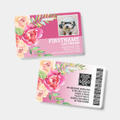 水彩花ガーリー従業員の写真IDピンク バッジ (正面&裏面)
