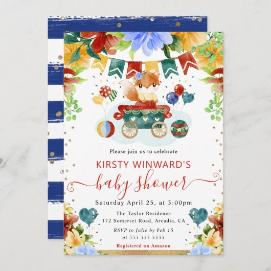 水彩花キツネ赤ちゃんシャワー 招待状 (正面/裏面)