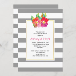 水彩花グレーのカップル結婚のシャワー 招待状