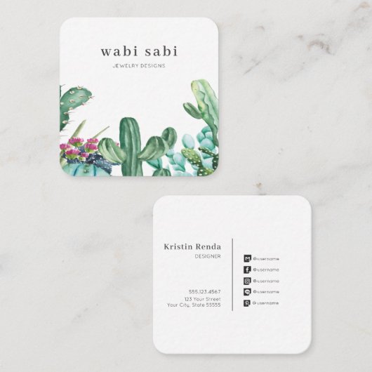 水彩花サボテンソーシャルメディアスクエアブー スクエア名刺 (正面/裏面)