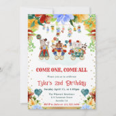 水彩花サーカスアニマルズ子供の誕生日 招待状 (正面)