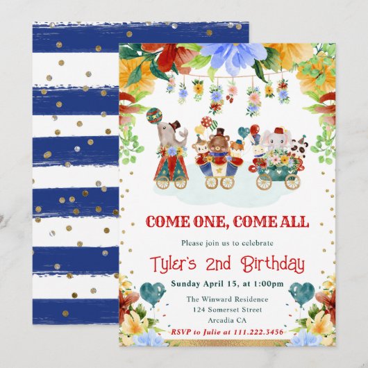 水彩花サーカスアニマルズ子供の誕生日 招待状 (正面/裏面)