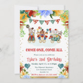 水彩花サーカスアニマルズ子供の誕生日 招待状 (正面)