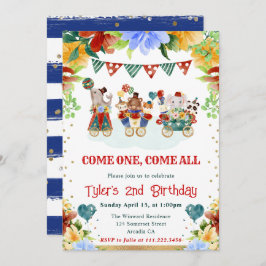水彩花サーカスアニマルズ子供の誕生日 招待状