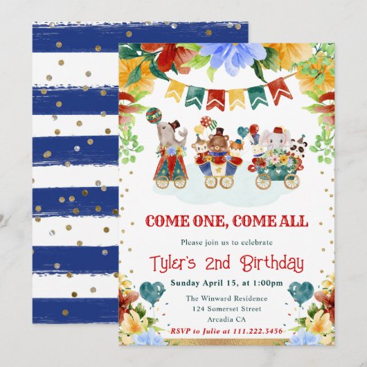 水彩花サーカスアニマルズ子供の誕生日 招待状 (正面/裏面)