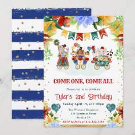 水彩花サーカスアニマルズ子供の誕生日 招待状