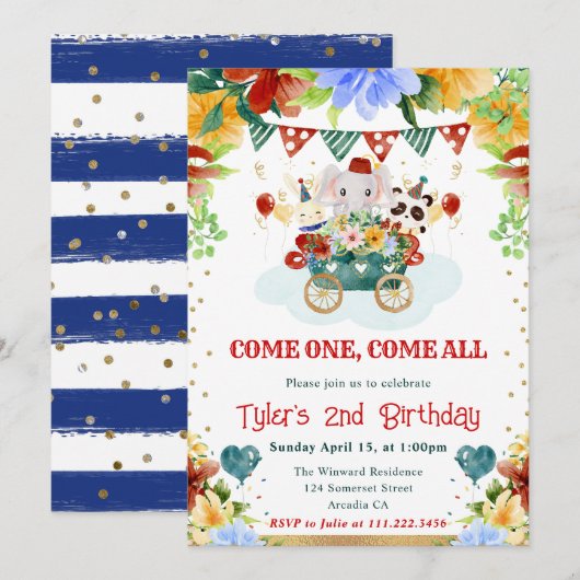 水彩花サーカスアニマルズ子供の誕生日 招待状 (正面/裏面)