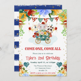 水彩花サーカスアニマルズ子供の誕生日 招待状