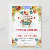 水彩花サーカスアニマルズ子供の誕生日 招待状 (正面)