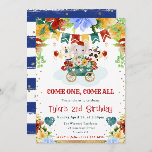水彩花サーカスアニマルズ子供の誕生日 招待状 (正面/裏面)
