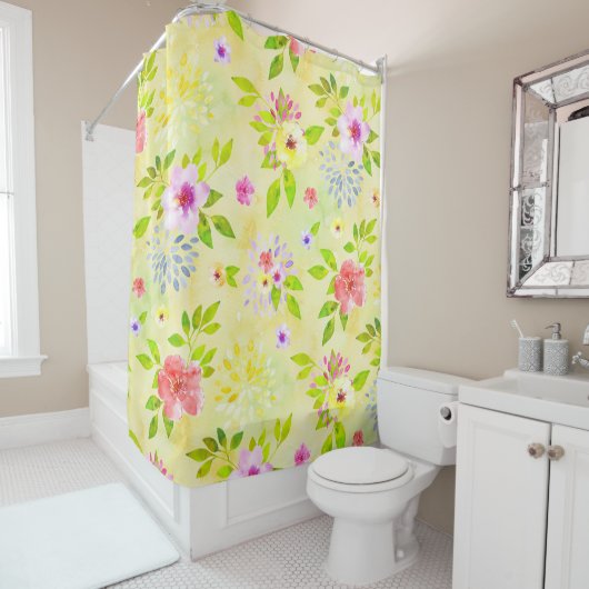 水彩花シームレスパターンI +あなたのアイディア シャワーカーテン (インサイチュ)