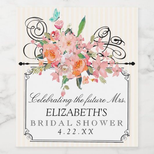 水彩花ストライプブライダルシャワー ワインラベル (シングルラベル)