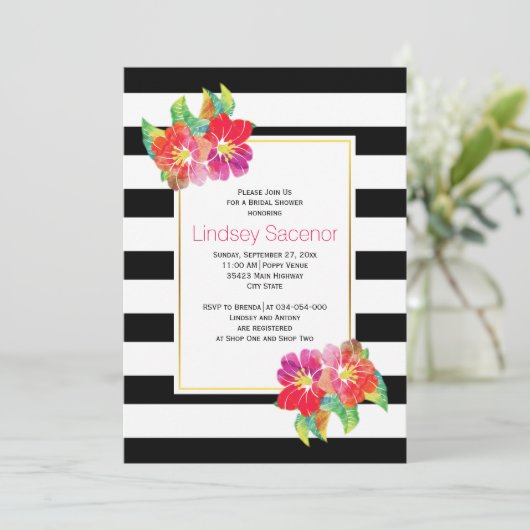 水彩花ストライプ類結婚ブライダルシャワー 招待状 (スタンド正面)