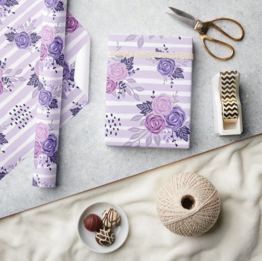 水彩花ストライプ類 ラッピングペーパー (クラフト)