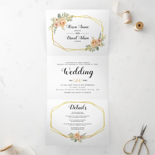 水彩花タイポグラフィ結婚フローラ 三つ折り招待状 (内部)