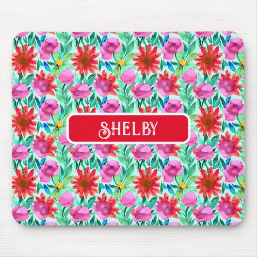 水彩花ティール（緑がかった色）、赤、ピンク マウスパッド (正面)