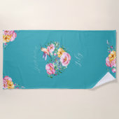 水彩花ハートとハチドリ ビーチタオル (正面)