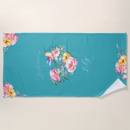 水彩花ハートとハチドリ ビーチタオル