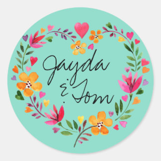 水彩花ハートリース |色の変更 ラウンドシール